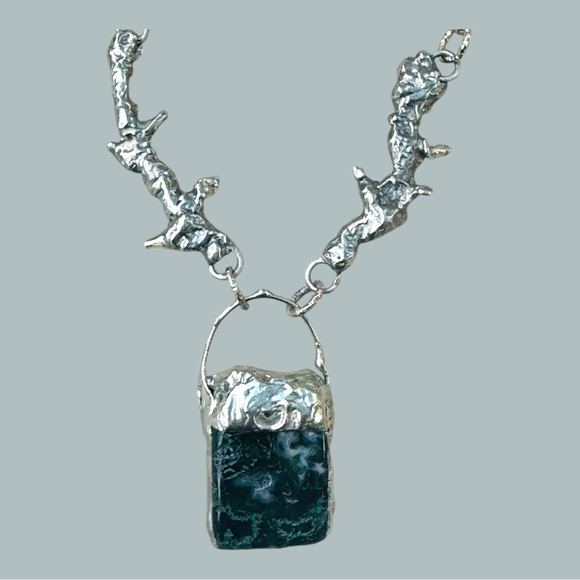 Moss Agate Pendant & Thorn Necklace Crafted with Silver Blend Boho Metalwork - Picture 11 of 16